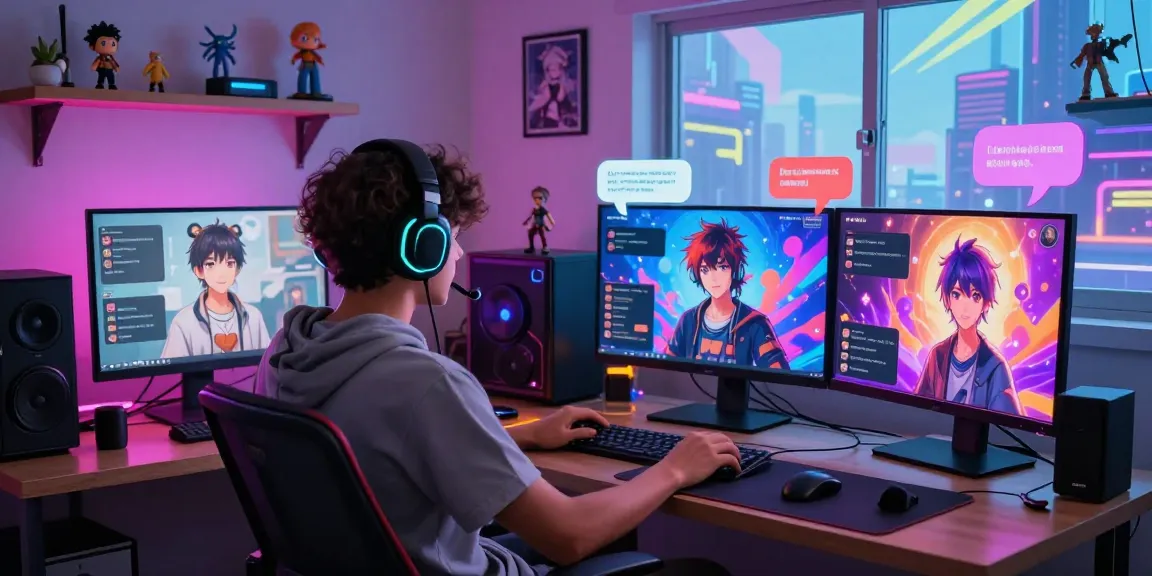 Dynamic scene of AI hentai chat interactions with vibrant anime characters in a cozy digital space.
