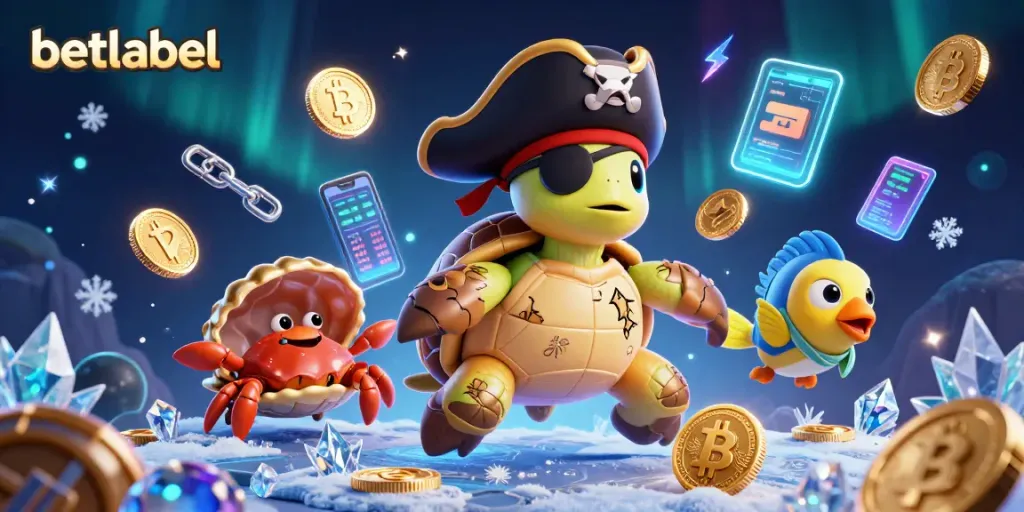 Engage with betlabel's vibrant casino world featuring a pirate turtle and crypto elements.