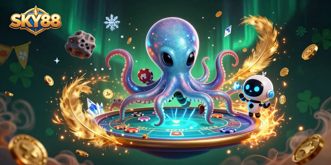 SKY88 showcases an octopus in a space suit at a holographic poker table, capturing the thrill of gambling.