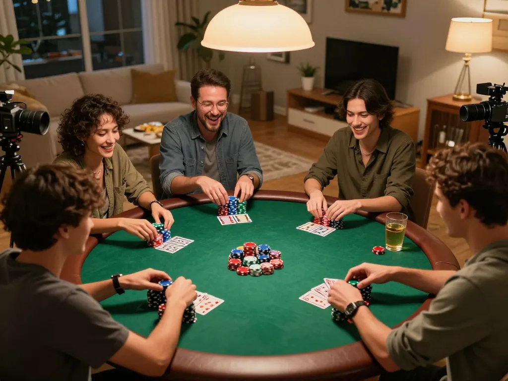 Players engaging in a lively poker game night at home, showcasing HITCLUB's social gambling experience.
