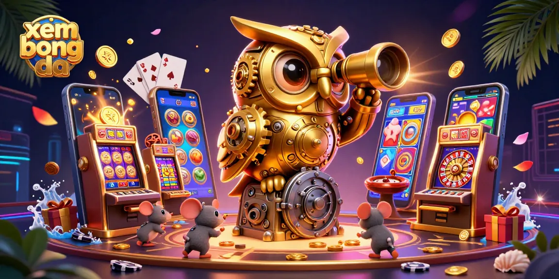 Xem bong da through a vibrant casino scene with a clockwork owl, dynamic games, and rich elements.
