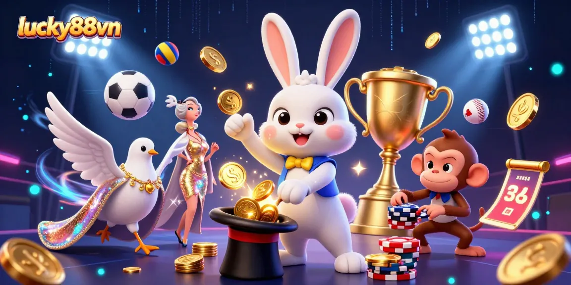 Experience winning moments with lucky88vn as a magician rabbit conjures coins amid sports excitement.