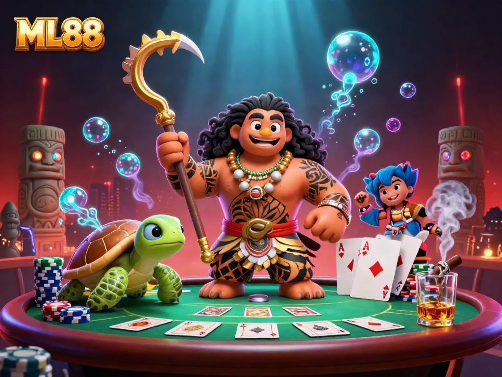 ML88 engagement depicted with a Polynesian demigod and turtle at a dynamic poker table.