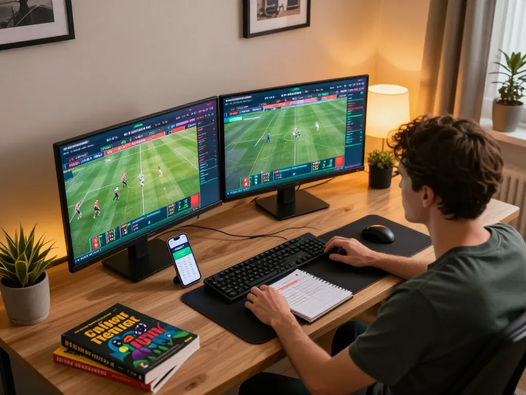 Engaged bettor reviewing strategies on DEBET app while placing live sports bets.