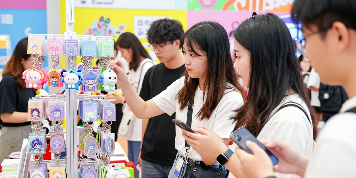 Customers exploring custom keychains at a lively retail booth, showcasing vibrant and unique designs.