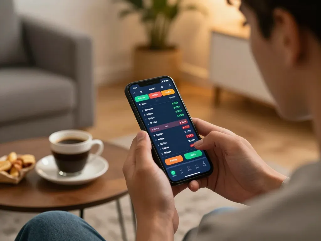 Engaged player checking live betting odds on lc88 mobile app in a cozy home setting.