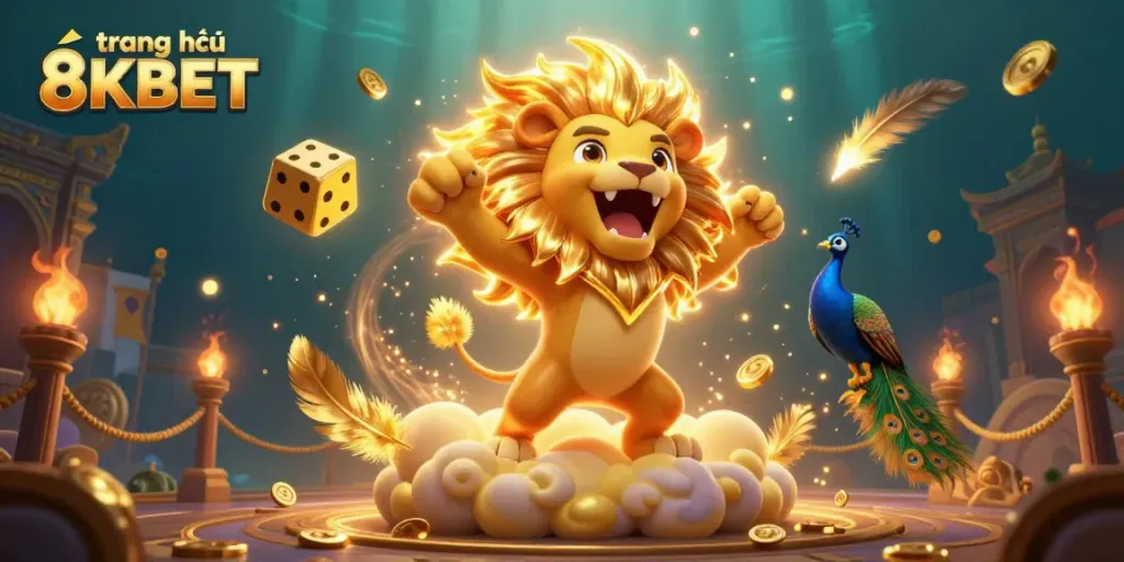 Experience the thrilling action of trang chủ 8KBET featuring a roaring lion, golden dice, and vibrant game elements.