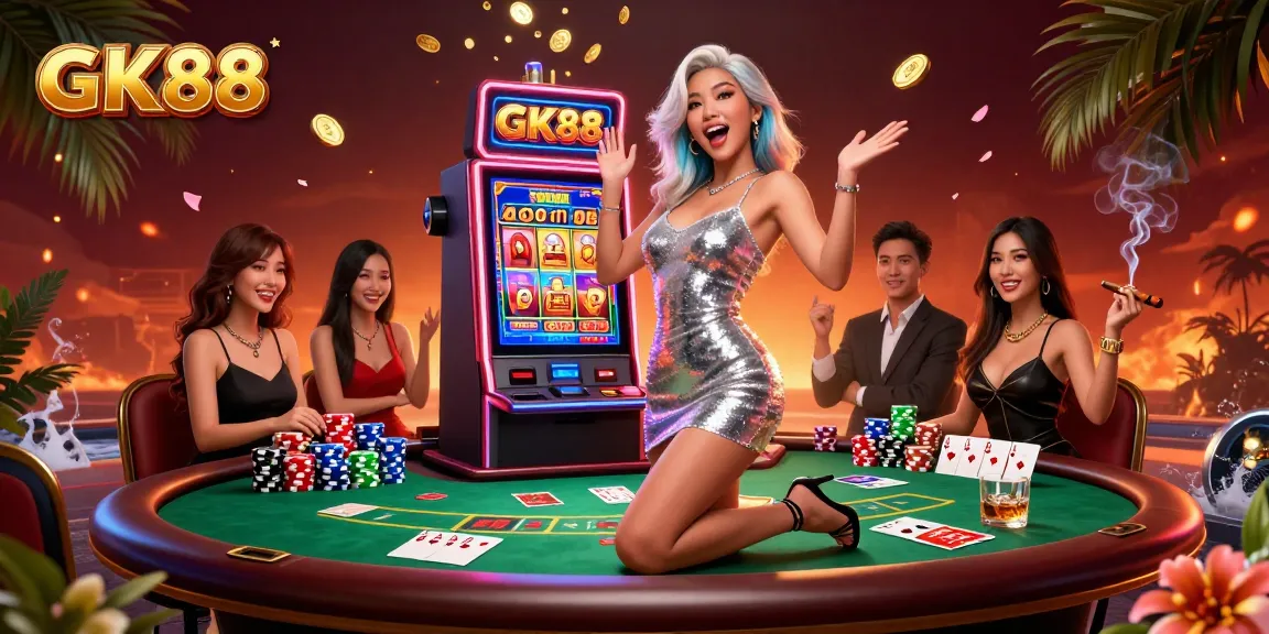 Celebrate a big win at GK88 with a gorgeous woman at a jackpot slot machine, surrounded by poker elements.
