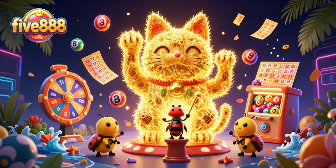 Engage with five888's vibrant casino world featuring a lucky cat and dynamic game elements.