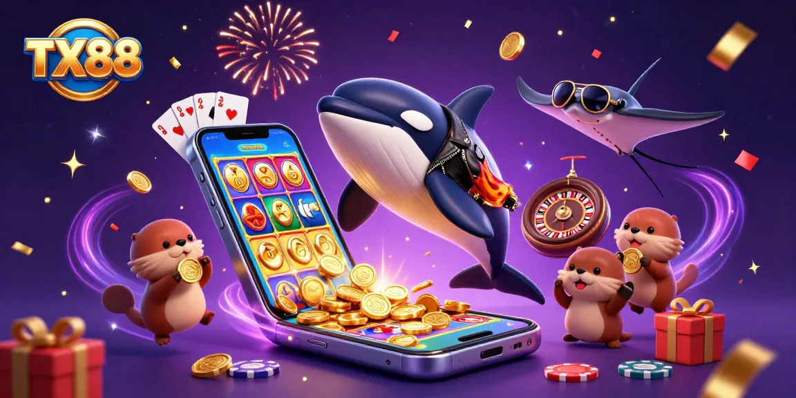 Engage with TX88's dynamic gaming experience featuring an orca, stingray, and otters around casino elements.