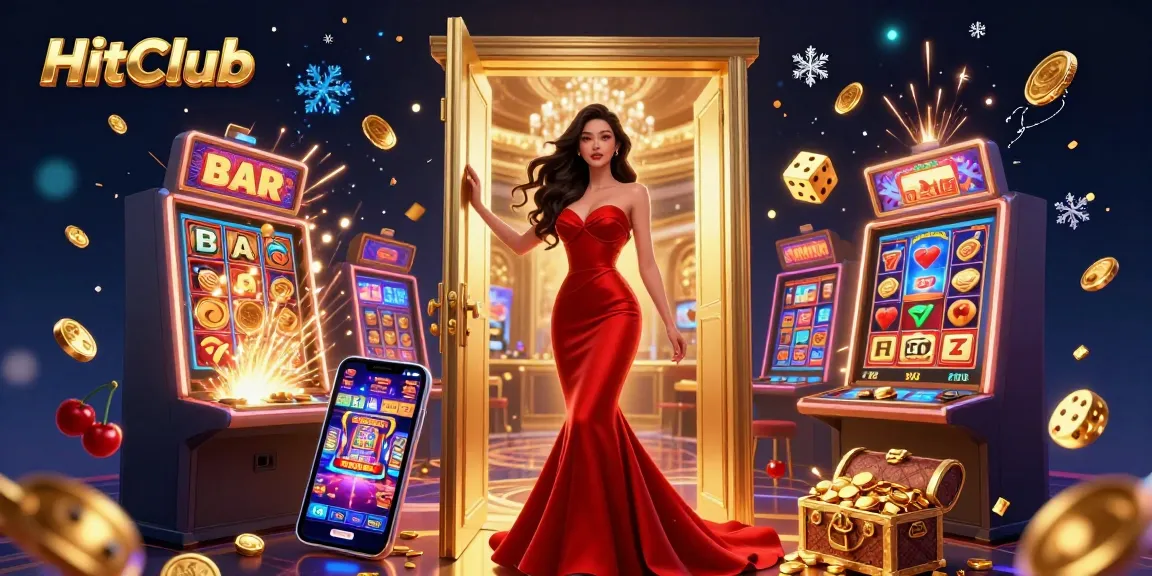 Win big at HitClub with an exciting scene of a casino VIP doorway featuring a beautiful Asian woman, vibrant slot game elements, and dazzling jackpots.