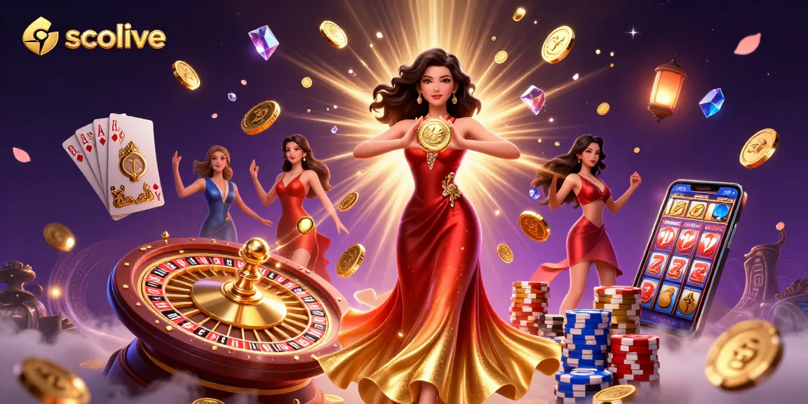Socolive showcases an elegant Asian woman presenting a golden coin amidst a dynamic casino scene filled with dazzling games.