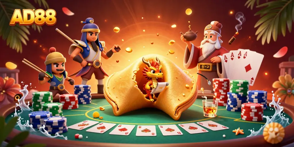 Engage with AD88's vibrant casino scene featuring a golden fortune cookie with a wise dragon and poker elements.