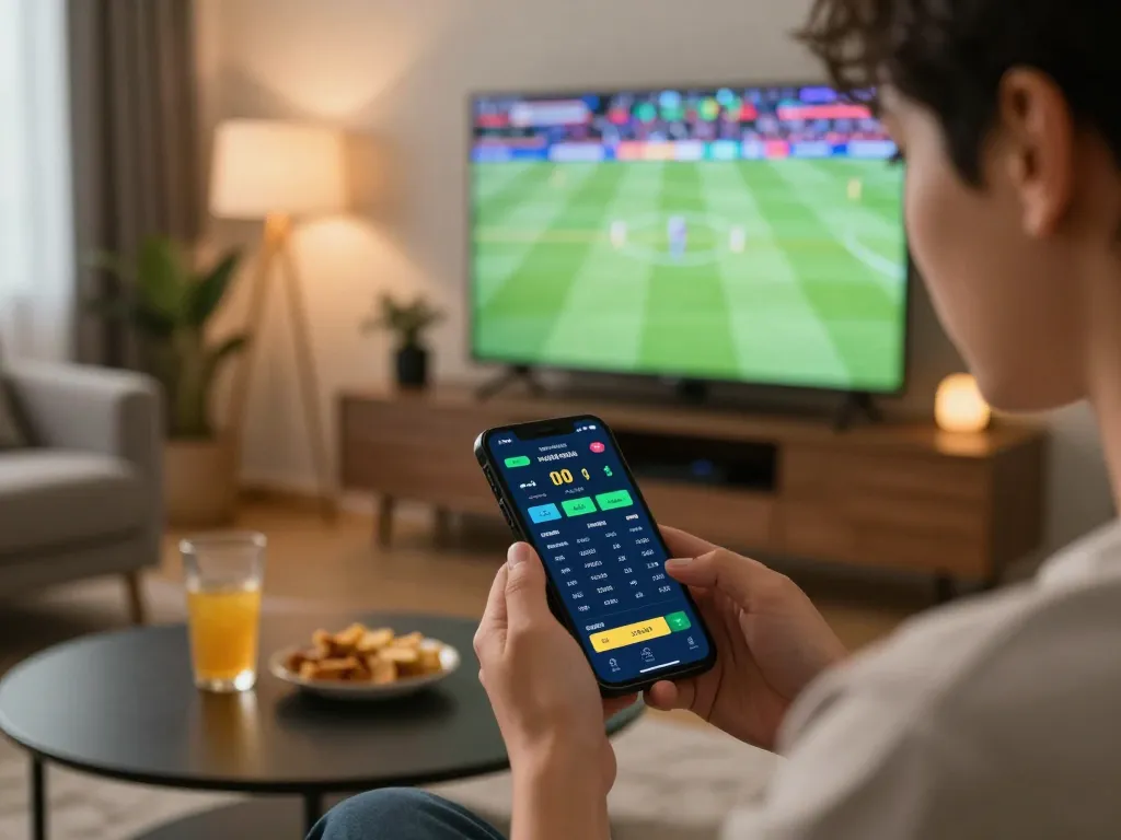 SX88 sports betting on mobile app in a cozy living room, showcasing odds and live match excitement.