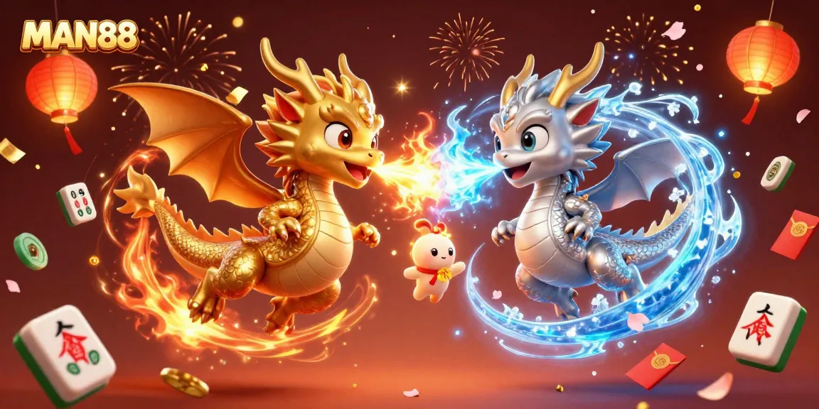 Experience MAN88 with twin dragons battling in a vibrant casino scene, enhanced by stunning visuals.