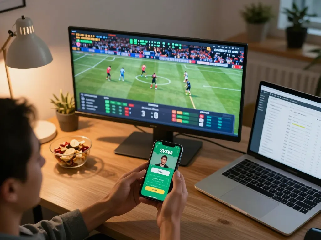 SV368 online sports betting setup with a user placing bets on a smartphone and engaging with live events.