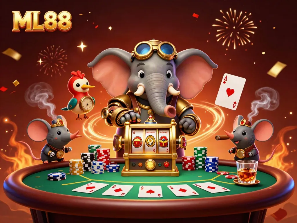 Experience the excitement of ML88 with a vibrant 3D illustration showcasing steampunk characters and casino elements.