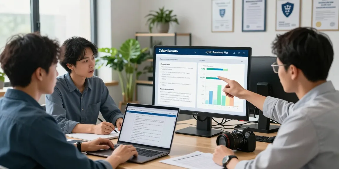 Cyber Essentials vs Cyber Essentials Plus team analyzing compliance metrics in a professional cybersecurity office.