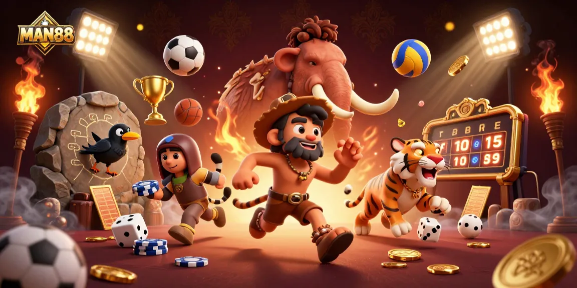Engage in gameplay with MAN88 at a dynamic prehistoric casino featuring a caveman and sabertooth duo.