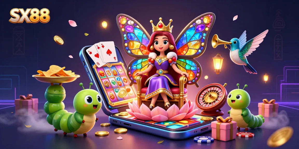 SX88's vibrant illustration features a fantasy casino scene with a butterfly queen, gaming elements, and colorful visuals.