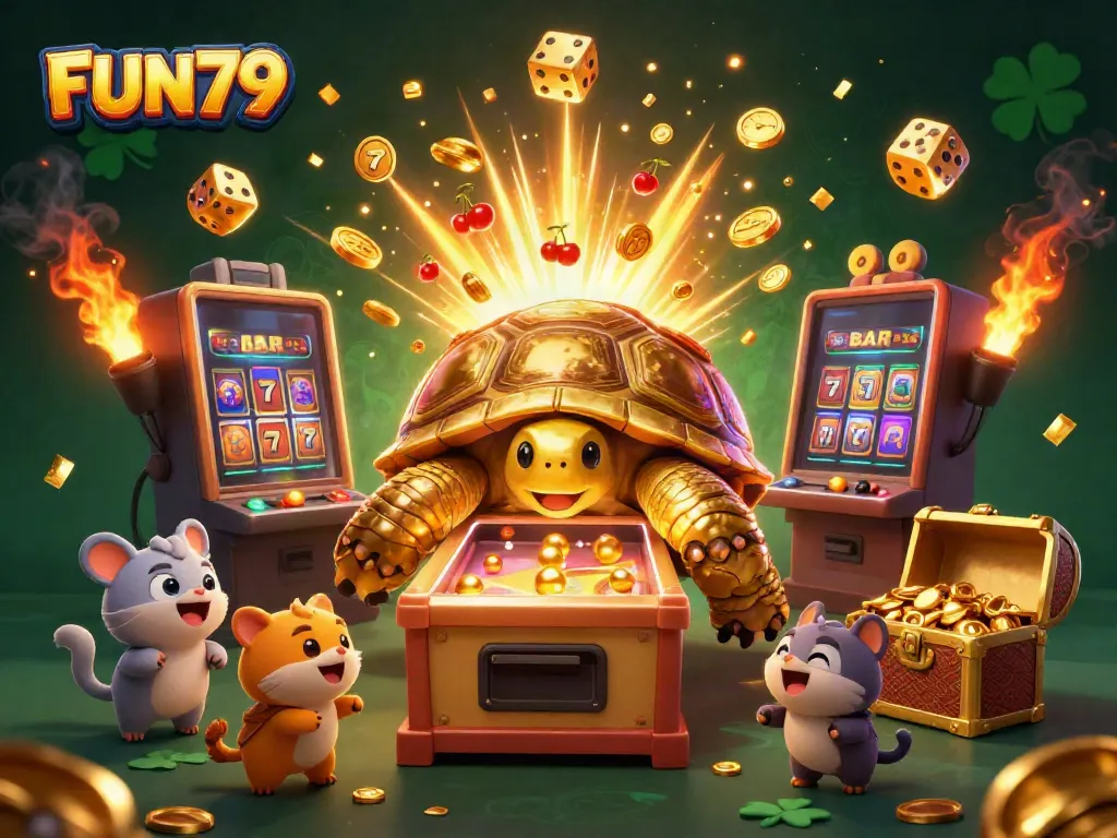 Experience the excitement of FUN79 with a golden tortoise and vibrant casino elements bursting with energy.