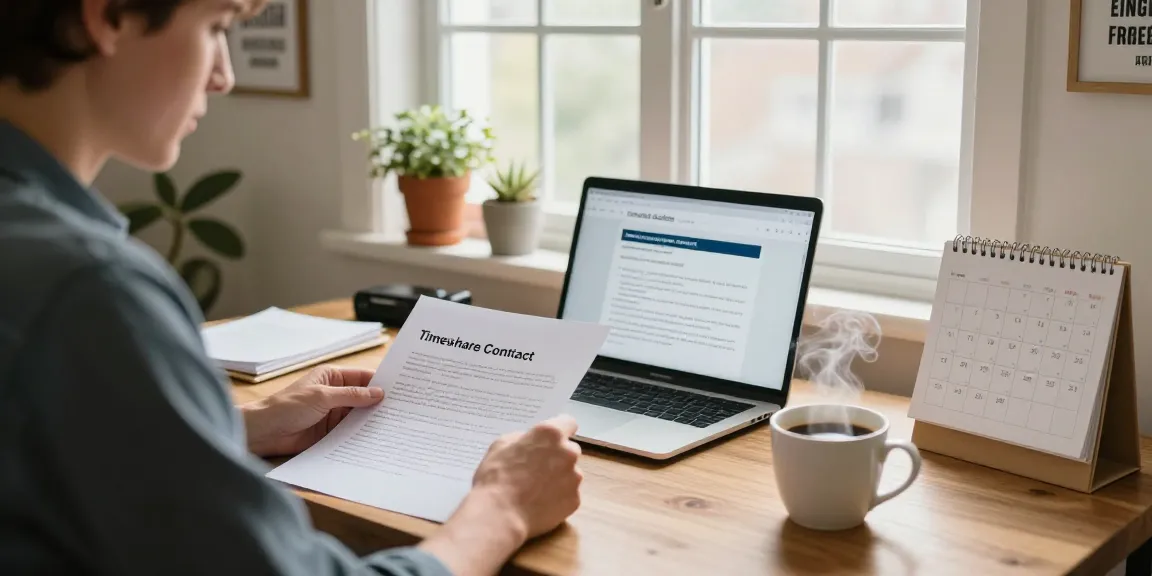 A home office scene showing how to get rid of a timeshare with documents, a laptop for cancellation letters, and a cozy atmosphere.