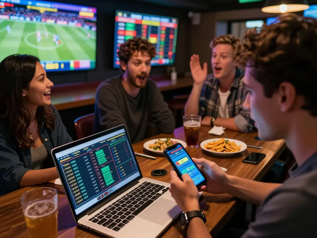 Person engaging with sports betting on oxbet com at a lively sports bar, analyzing match statistics.