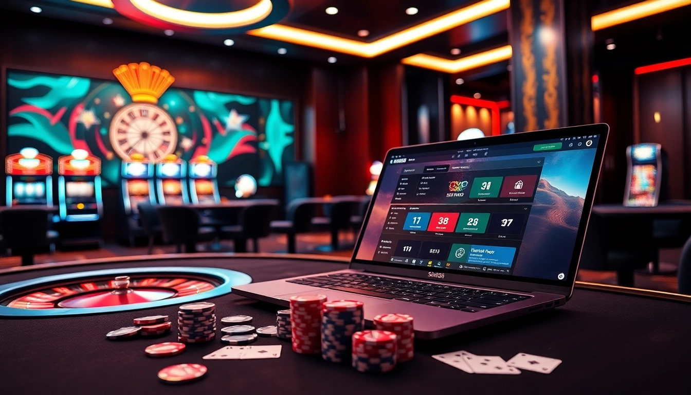 A modern casino scene featuring sin88 gaming tables, poker chips, and vibrant roulette wheels.