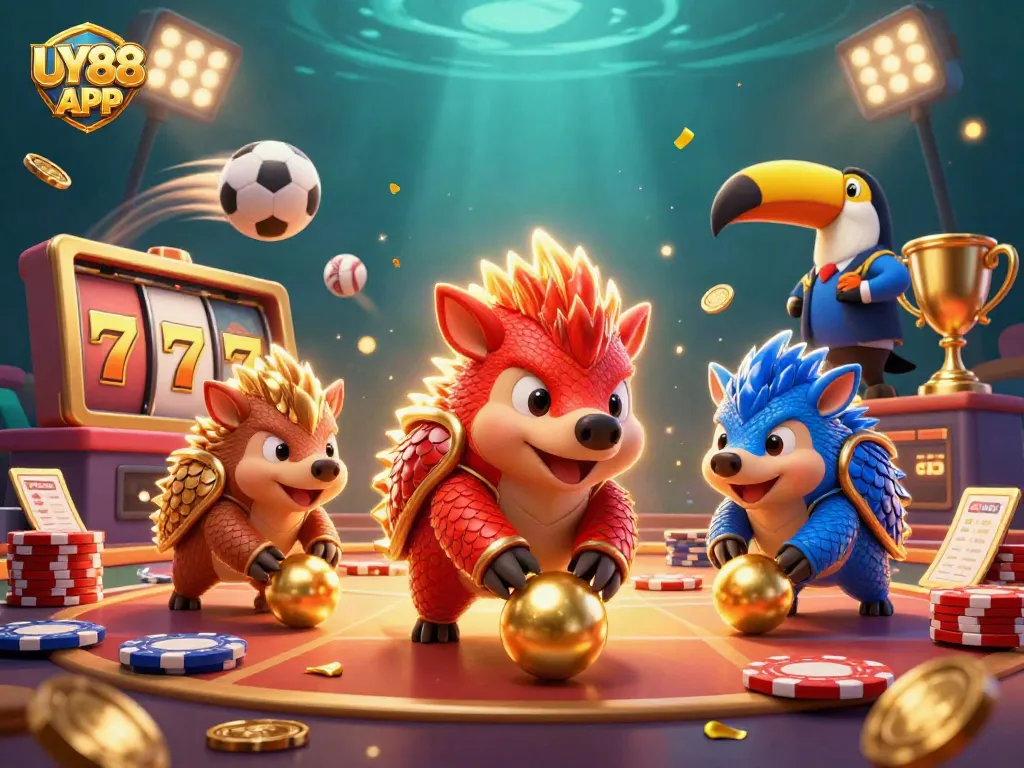 Bet on success with the UY88 APP showcasing vibrant pangolins and casino elements in action.