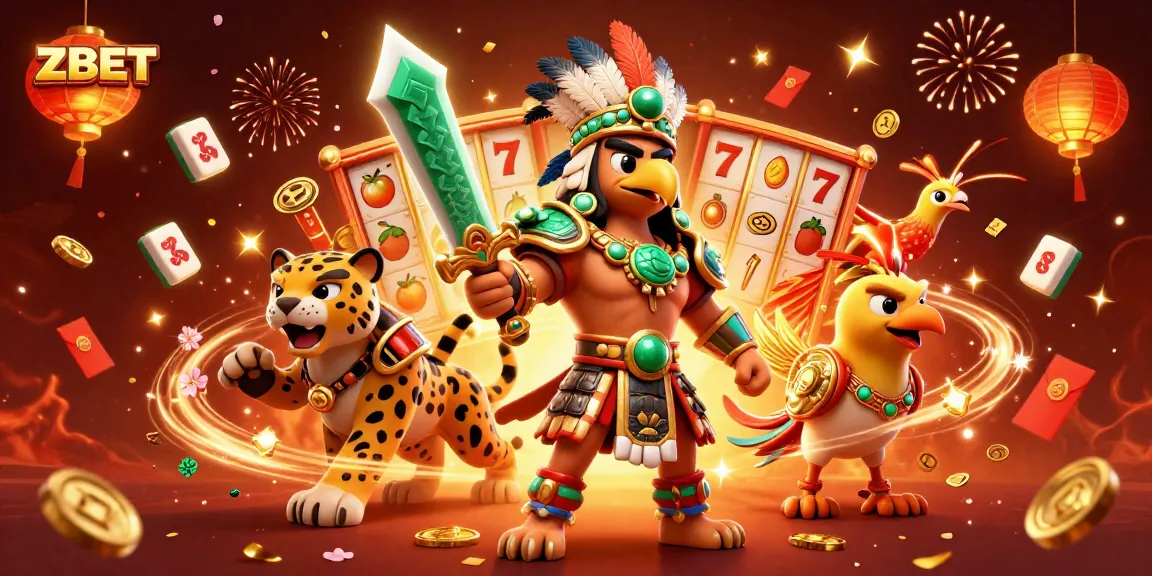 ZBET promotions feature a 3D Aztec warrior scene with dynamic slot elements and festive decorations.