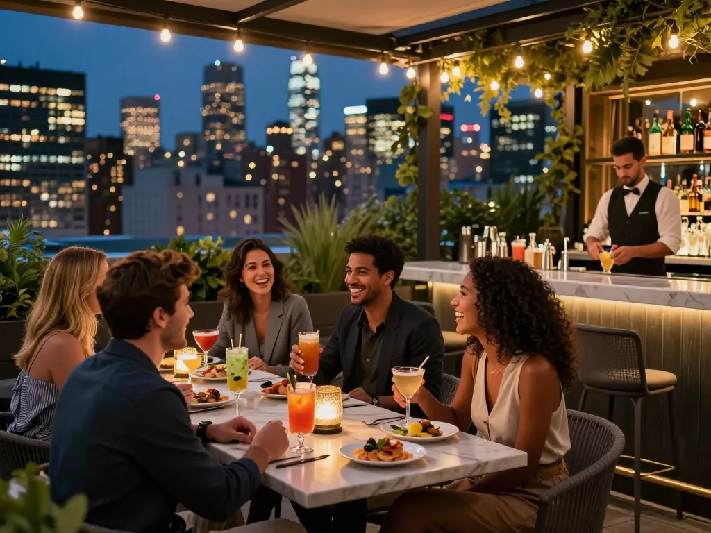 Guests savoring cocktails at Nohu rooftop bar with stunning Manhattan skyline views in an inviting atmosphere.