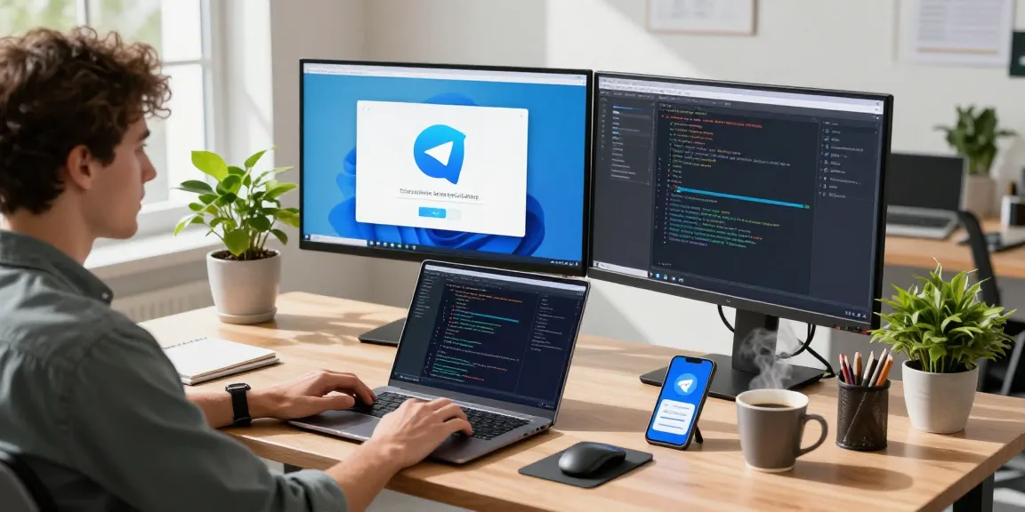 Download Telegram on a developer's dual monitor setup in a modern tech workspace.