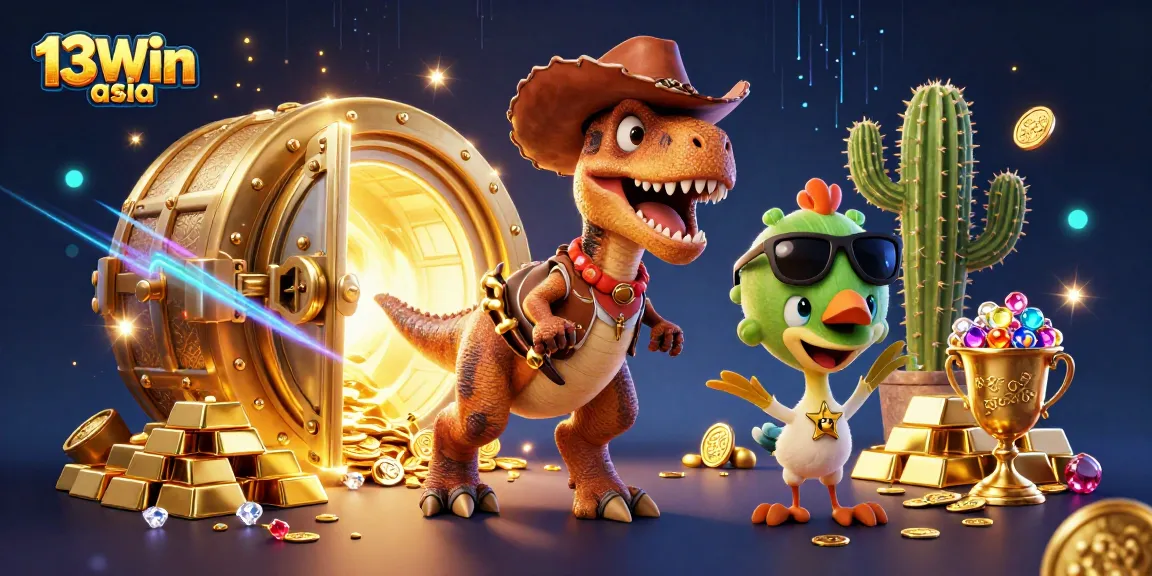 Experience thrilling wins at 13Win asia with vibrant casino-themed characters and treasures.