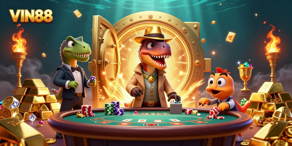 Players enjoy the excitement of VIN88 with a dynamic illustration of casino elements and vibrant characters.