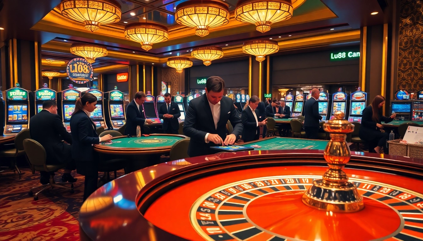 Exciting gambling scene showing lu88 players engaging at a casino table with vibrant slot machines.