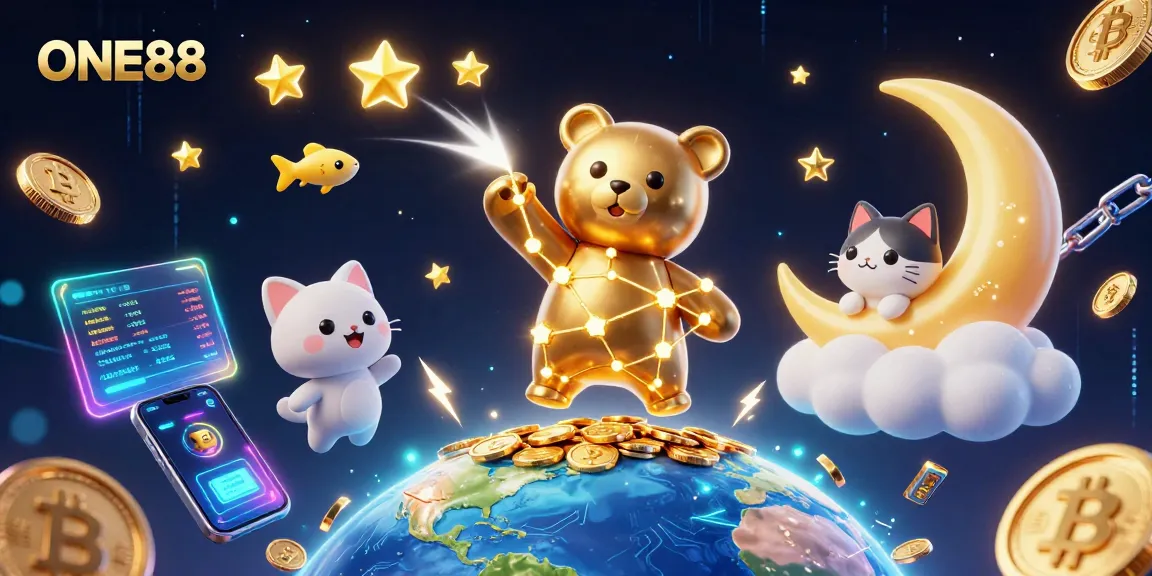 ONE88 offers a dynamic gambling experience with shining stars, crypto elements, and engaging gaming action.