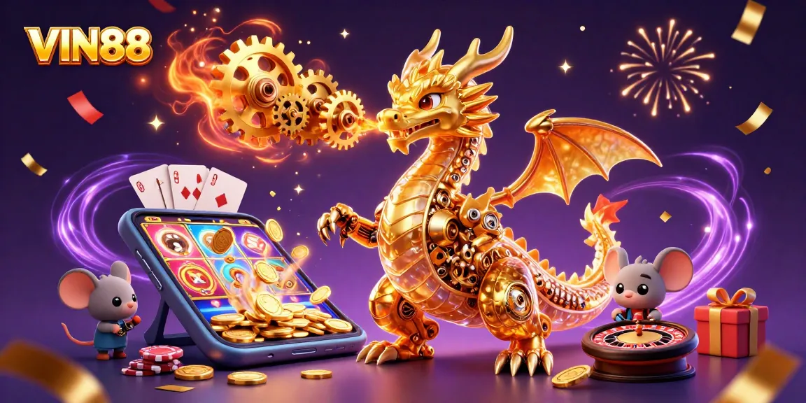 Experience the thrilling world of VIN88 with a vibrant 3D casino scene full of games and excitement.