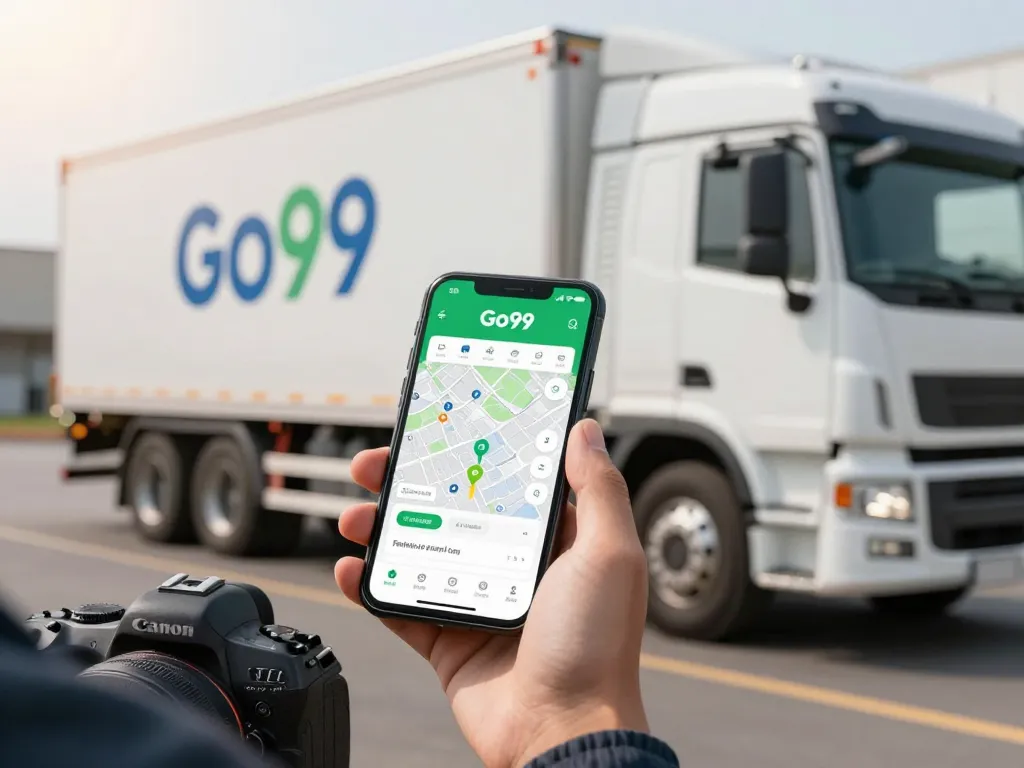 Truck driver using the Go99 app for efficient freight matching in a dynamic logistics setting.