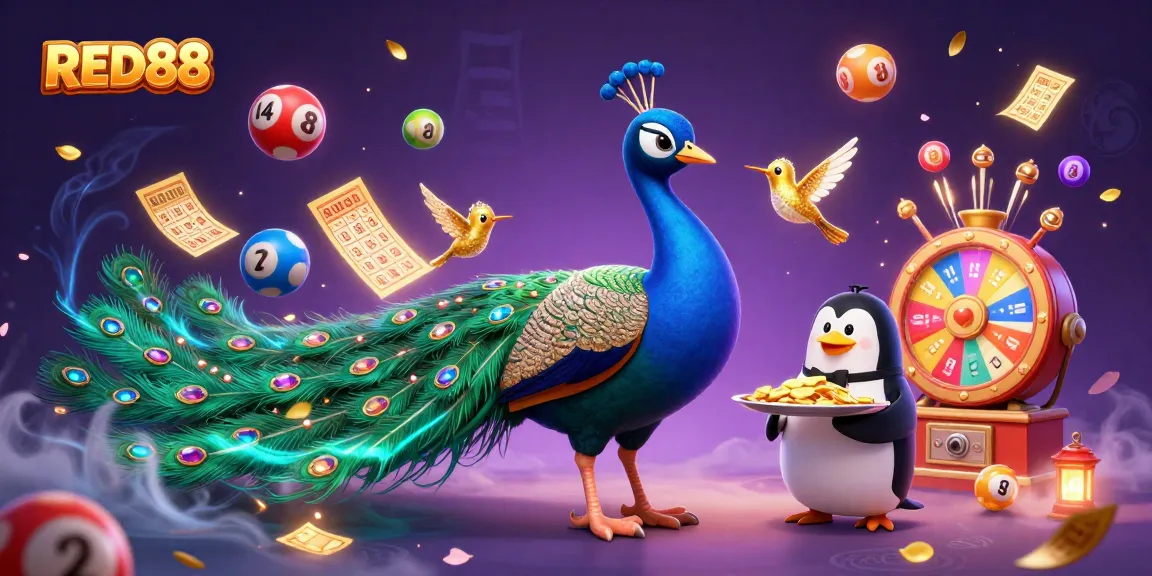 Engaging RED88 online casino scene with colorful lottery elements and a majestic peacock.