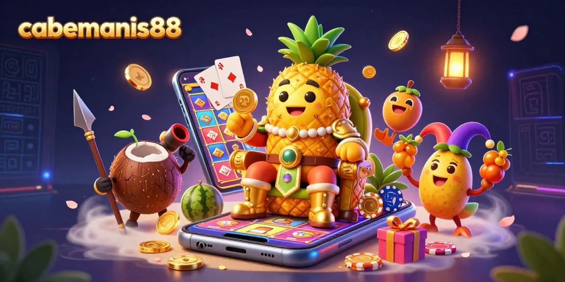 Engage with cabemanis88 at the vibrant beach casino featuring a golden pineapple king and lively game elements.