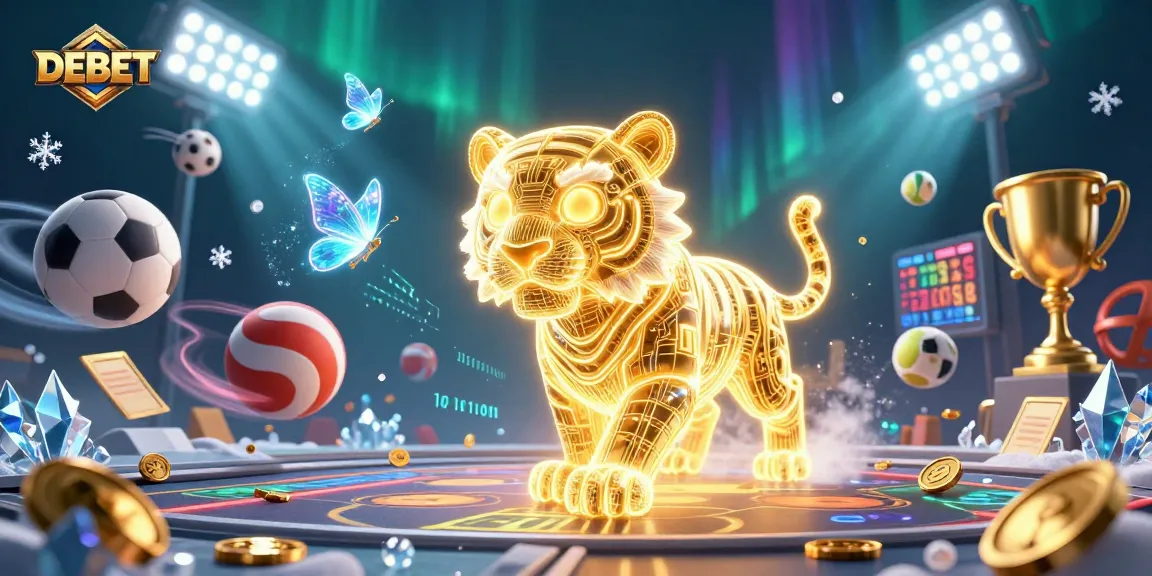 Experience the thrills of DEBET with a vibrant digital casino scene featuring a glowing tiger and sports elements.