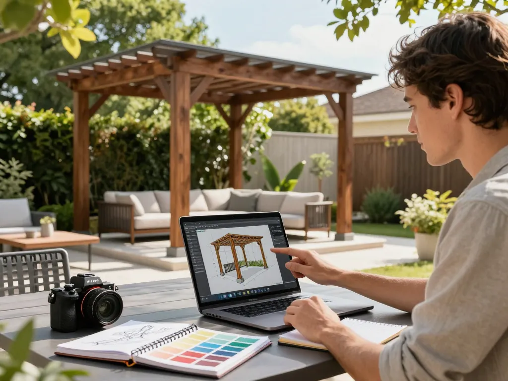 Personalizzare i design delle pergole con il software configuratore pergole su un patio moderno, mostrando elementi esterni vibranti.