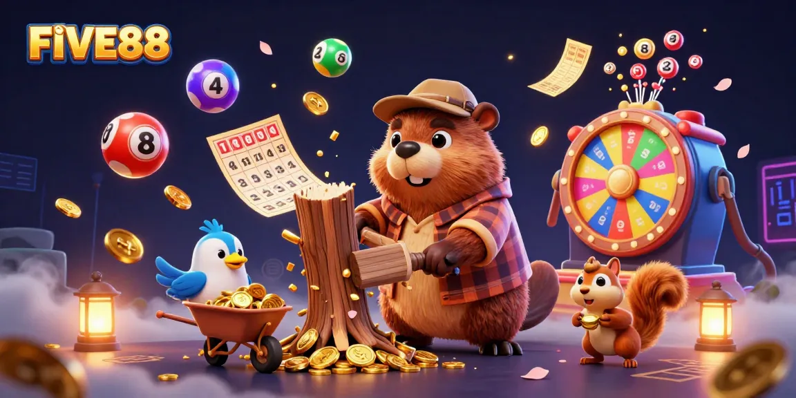Join the excitement at FIVE88 with golden coins raining down in this vibrant casino-themed illustration.