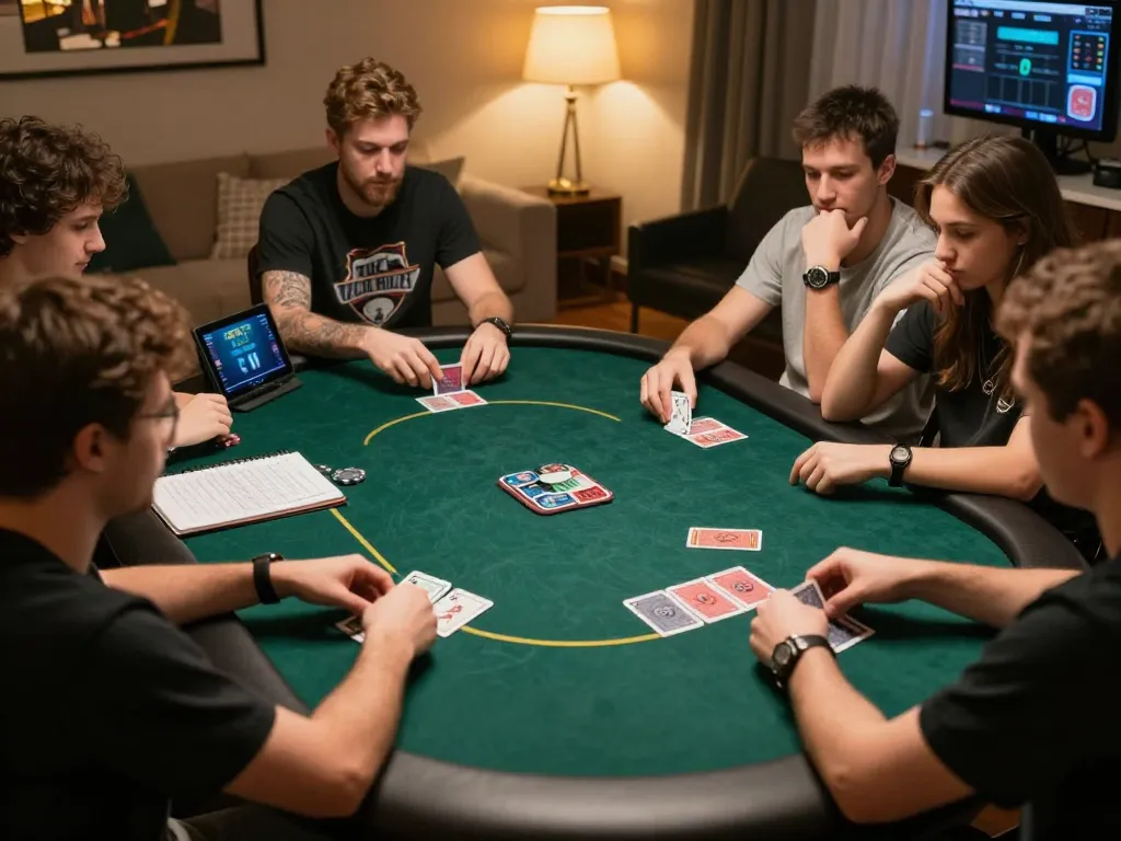 Sunwin players engaging in an exciting online poker game with cards and strategy notes
