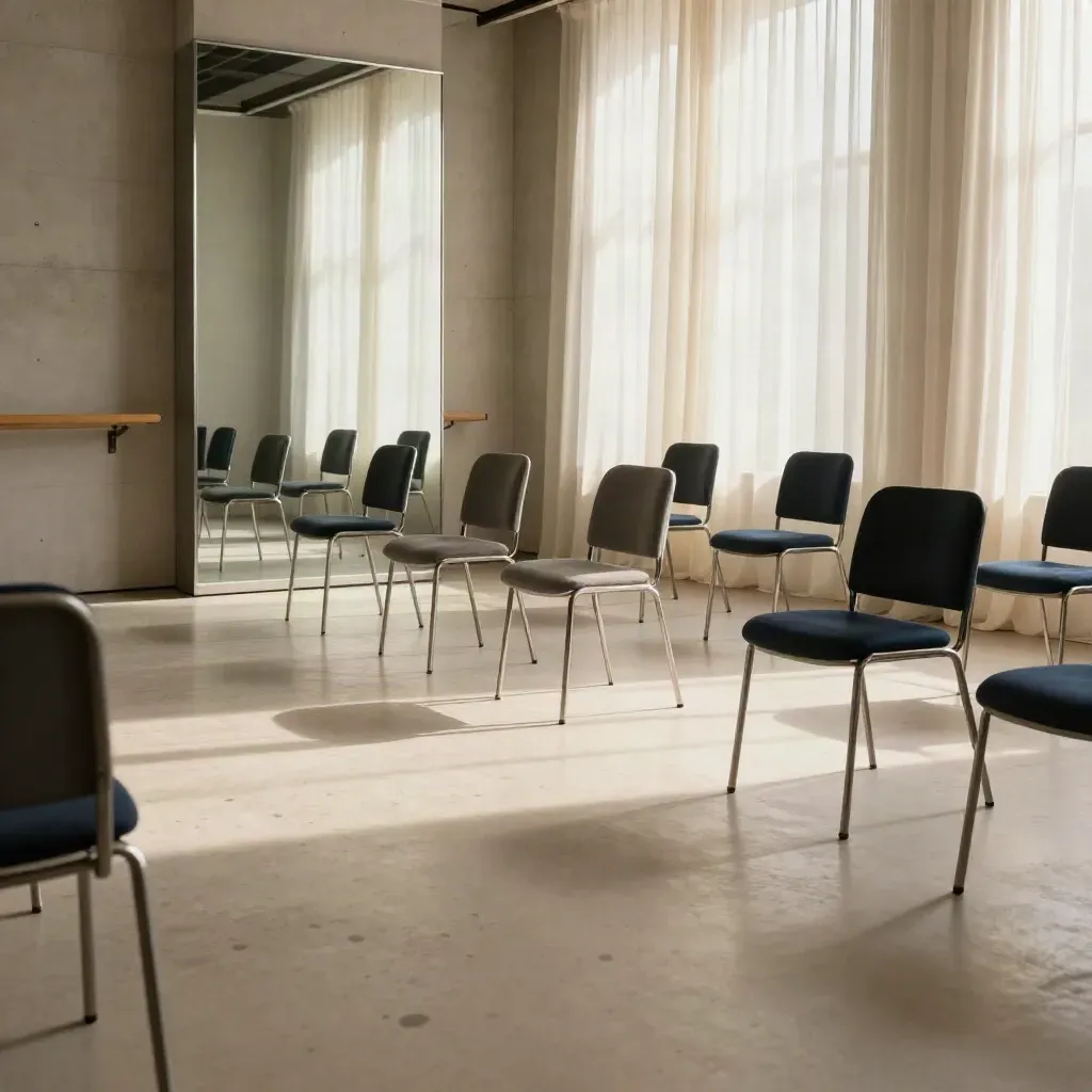 Sala prove per linguaggio del corpo con sedie sfalsate, specchio alto e tende morbide.