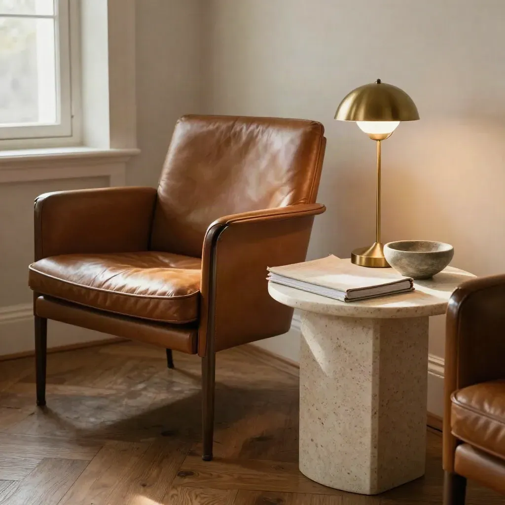 Poltrona in pelle, lampada in ottone e vassoio in pietra in un lounge per executive coaching.