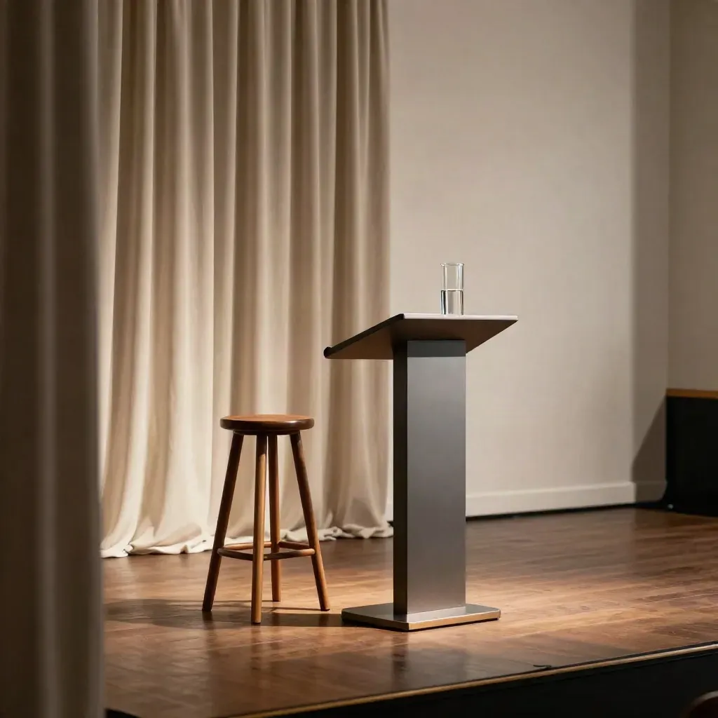 Palco vuoto con podio, sgabello basso, caraffa d’acqua e drappeggio acustico, luce in attesa.