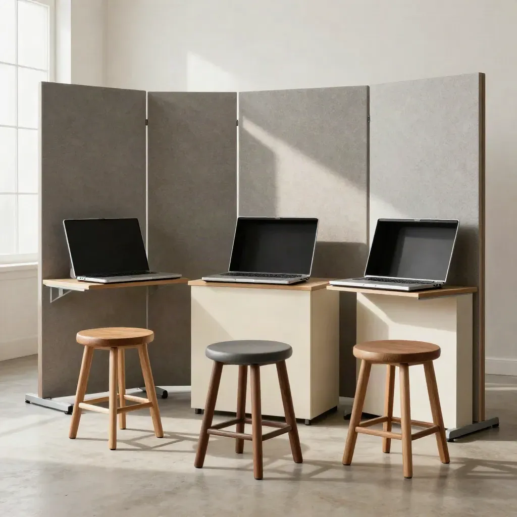 Zona training vendite con sgabelli neutri, plinti e pannelli acustici in luce naturale.
