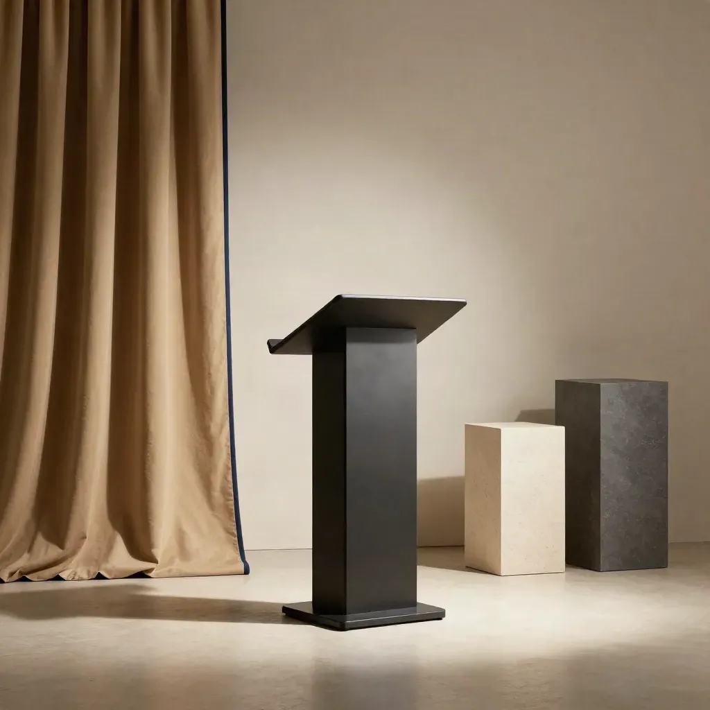 Consulenza presentazioni su palco minimal con leggio, plinti e tenda drappeggiata in luce teatrale.
