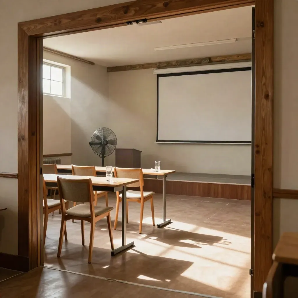 Sala training vuota con sedie aperte, palco demo e caraffa d’acqua, luce calda del pomeriggio